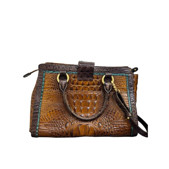 Brahmin Tricolor Cognac Brown & Green Croc Embossed Leather Shoulder Bag Satchel - Picture 2 of 10